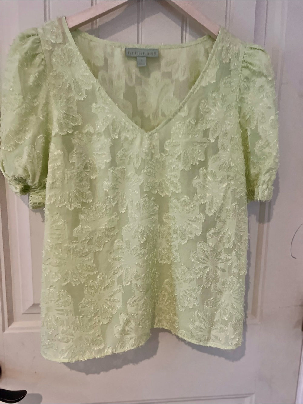 Ryegrass light yellow Lace V-Neck Puff Sleeve Top